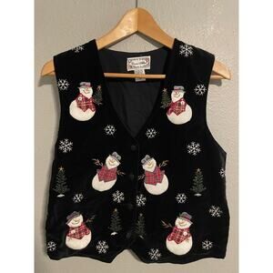 Vintage Carrie Allen Vest Womens Small Black Snowman Christmas Velvet Ugly 90s